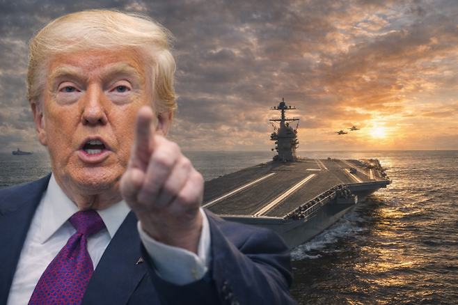 도널드 트럼프 미국 대통령과 미 해군 항공모함 제럴드 R. 포드함 모습을 합성한 이미지. 미국이 이란을 상대로 군사 행동 가능성을 거론하며 중동 긴장이 고조되고 있다. AP 연합뉴스 / 미 해군 자료사진 합성