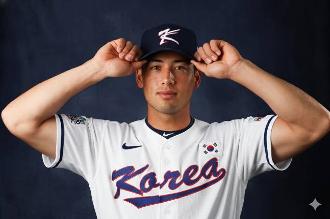 2026 WBC에 한국 대표팀으로 선발된 위트컴이 한국 유니폼을 입고 있는 AI 합성 사진. /사진=구글 제미나이 AI 생성 이미지(AFPBBNews=뉴스1 이미지 활용)