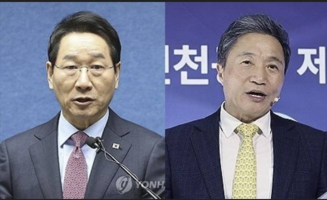 국민의힘 유정복 인천시장(왼쪽)·이학재 인천국제공항공사 사장 [연합뉴스 자료사진]