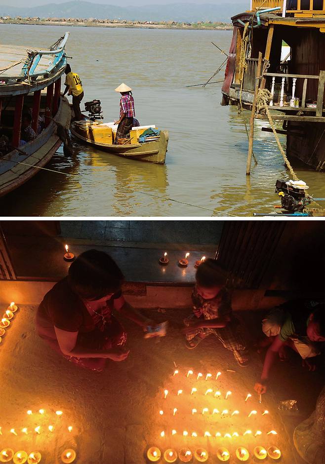 (위)이라와디 강변에서 터를 잡고 살아가는 사람들 (아래) 집집마다 초를 밝히며 부처님께 기도를 올린다.