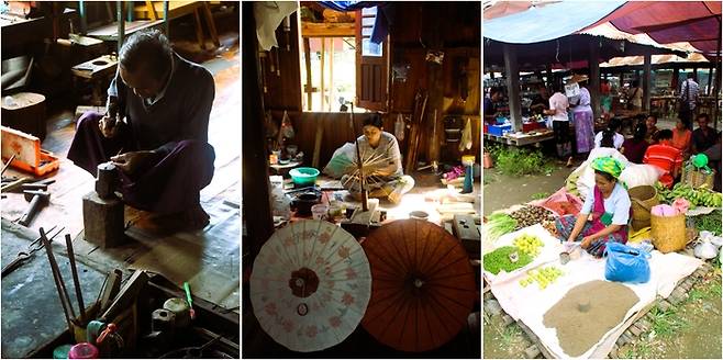 (좌로부터)전통 은세공 과정을 볼 수 있는 작업장, 마을 아낙네들이 운영하는 면직물 수공예 직조 센터, 인레 호수마을의 수상 시장 전경