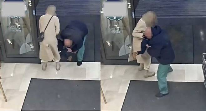 이탈리아 베르가모 대형마트 출입구에서 1살 여아를 낚아채려는 남성. 출처=스레드 캡처