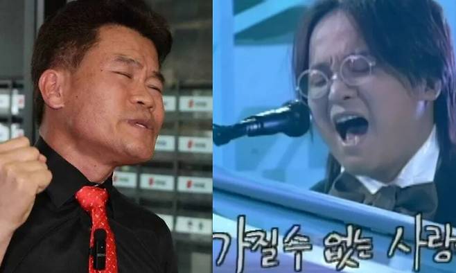 한국사 강사 출신 극우 유튜버 전한길씨(오른쪽), 1996년 한 음악방송에 출연한 가수 뱅크. 연합뉴스, 엠비시케이팝(MBCkpop) 유튜브 갈무리