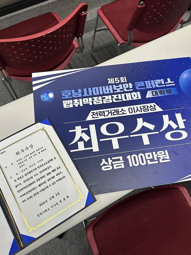 김도형, 김민욱, 이세형 학생은 ‘제5회 호남 사이버보안 컨퍼런스’ 웹취약점 경진대회에서 최우수상을 받아, 지역 보안 생태계 활성화를 위한 분야에서도 탄탄한 기본기를 뽐냈다. 숭실대 제공