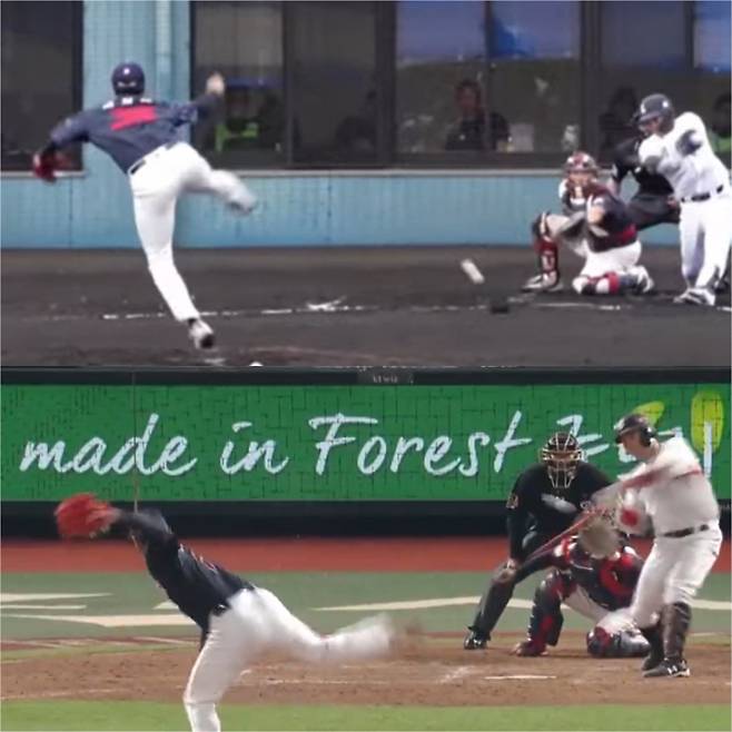 22일 세이부 라이온즈전 연습경기에 등판한 롯데 자이언츠 신인 투수 박정민(위)과 선수 시절 손승락 코치. 사진=자이언츠 TV 중계화면 캡처