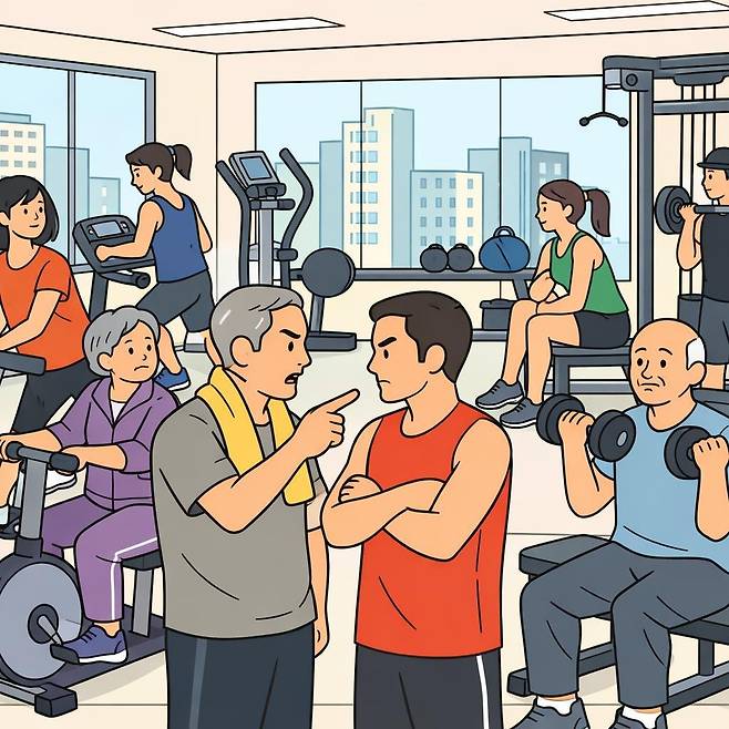 아파트 커뮤니티 시설에서 주민들이 다투고 있다. AI 일러스트