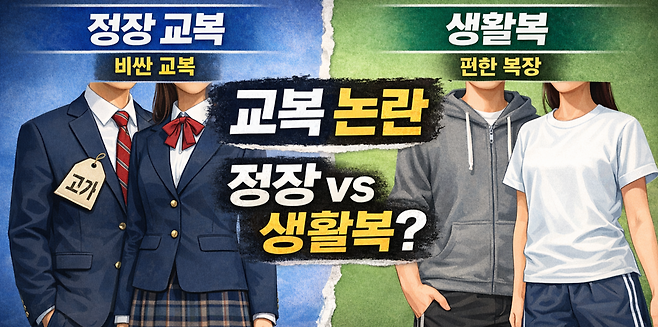 3월 새 학기를 앞두고 ‘고가 교복’ 논란이 계속되는 가운데 서울 중·고등학교 70%가 정장 교복과 생활복을 혼용해 착용하고 있는 것으로 파악됐다. 사진은 기사를 보고 ai가 요약한 그림. [챗gpt를 통해 제작]