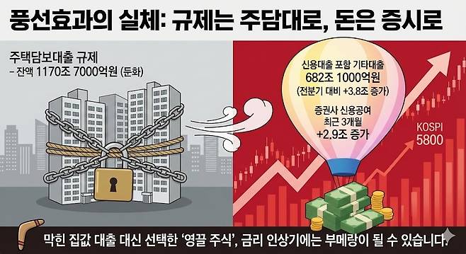 풍선효과의 실체: 규제는 주담대로, 돈은 증시로. 제미나이 생성 그래픽