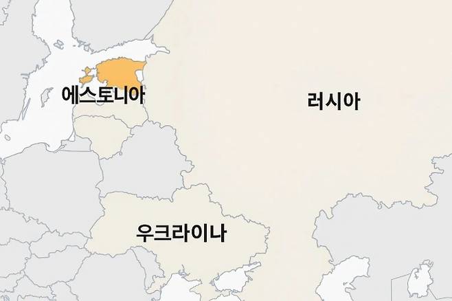 에스토니아(주황색)와 러시아, 우크라이나를 중심으로 한 동유럽 지도. 러시아와 맞닿은 에스토니아 북동부 국경은 나토 동부 방위선의 최전선으로 평가된다. 그래픽=서울신문 뉴미디어랩 제작·AI 이미지