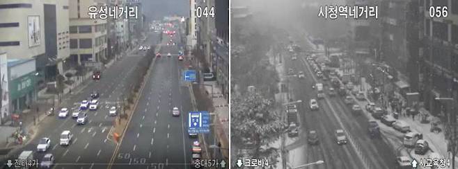 오전 11시 기준 대전 유성네거리에 눈이 쌓이지 않은 반면, 대전시청네거리에는 많은 눈이 쌓여 있다. 0도 경계의 기온에서 기온에 따라 비 또는 눈의 다른 형태로 내렸기 때문이다. (사진=대전교통정보센터CCTV)