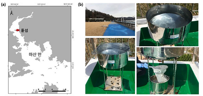▲남해안 마산만으로 떨어지는 미세플라스틱을 분석하기 위한 시료 채취 지점(톹섬)과 건물 옥상에 설치된 총 침적물 채취기  (자료=Marine Pollution Bulletin, 2026)