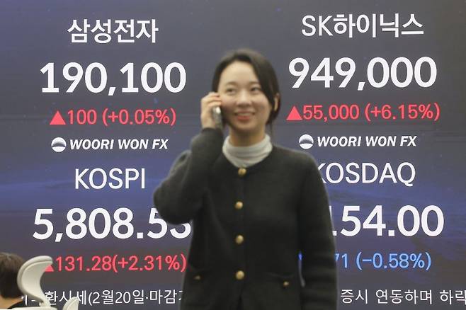 지난 20일 서울 중구 우리은행 딜링룸 현황판에 코스피, 코스닥 지수와 함께 SK하이닉스, 삼성전자 종가가 표시돼 있다. 연합뉴스