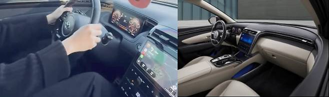 현대차 올 뉴 투싼 실내 모습(오른쪽) 사진= RM 공식 인스타그램 영상 화면 캡처(왼쪽), 현대차(오른쪽)