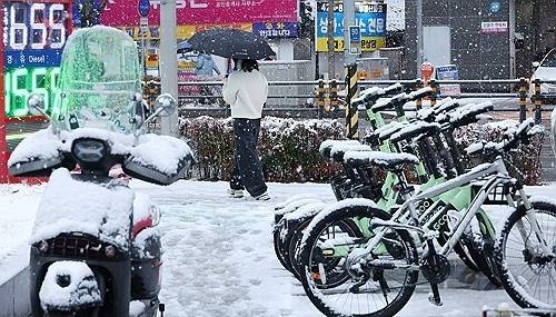 24일 대설주의보가 내려진 대구 도심에 눈이 쌓이고 있다.  연합뉴스 제공