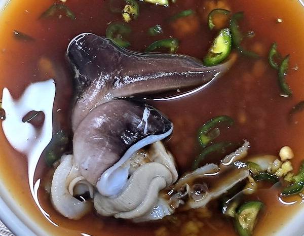 잘 익혀 초간장 소스와 곁들인 새조개.