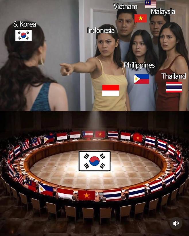 A captured image of a meme depicts Southeast Asians uniting in response to the “SEAblings vs. K-netz” controversy. (X)