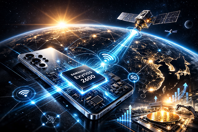 삼성전자가 엑시노스 기반 위성통신 기술을 통해 스마트폰 연결성 확대 전략을 추진하고 있다. 스마트폰과 저궤도 위성 간 직접 통신 개념을 형상화한 이미지./ChatGPT