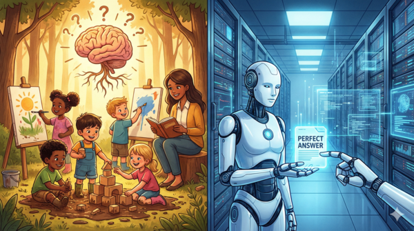 출처:AI생성(AGI 시대에 극명하게 대비되는 '기계의 효율성'과 '인간의 고유성'을 상징적으로 보여주고 있다)