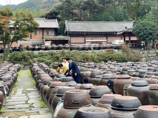 기순도 명인이 담양 고려전통식품 마당에서 장이 담긴 1200개의 항아리를 둘러보고 있다./사진=김다이 기자 @neverdie