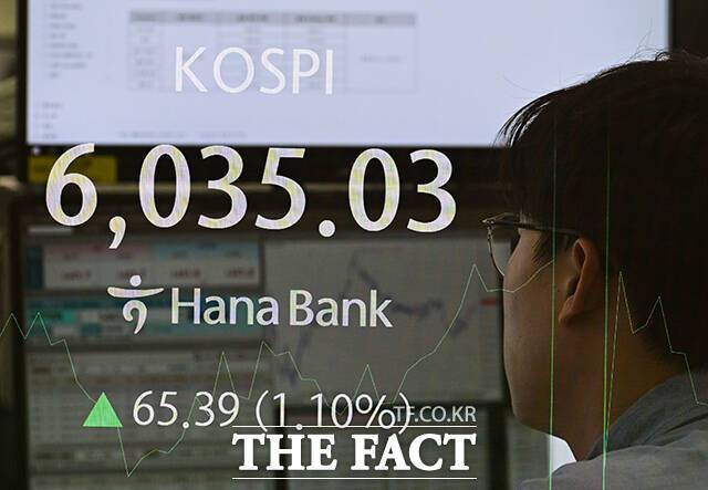 25일 오전 '오승혁의 '현장''은 서울 중구 을지로에 위치한 하나은행 딜링룸 '하나 인피니티 서울(Hana Infinity Seoul)'을 찾았다. 코스피 지수가 사상 처음으로 6000선을 넘어선 25일 오전 서울 중구 하나은행 본점 딜링룸 전광판에 지수가 표시되고 있다. /하나은행 딜링룸=박헌우 기자