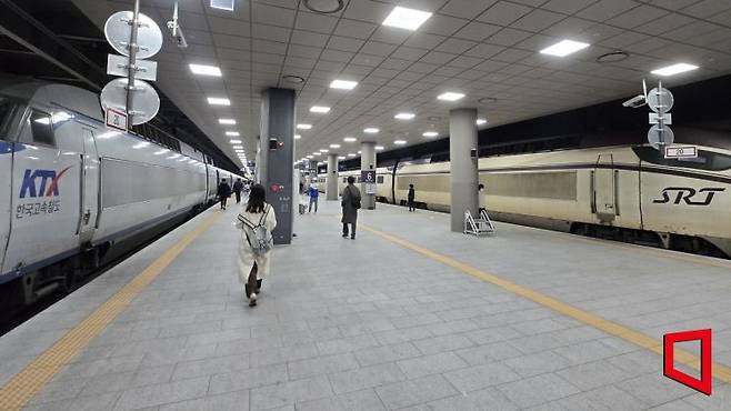 25일 서울 강남구 수서역 승강장에 KTX(왼쪽)와 SRT가 나란히 정차해 있다. 시범 교차 운행 기간 KTX는 수서역~부산역을, SRT는 서울역~부산역을 매일 각 1회 왕복 운행한다. 최서윤 기자