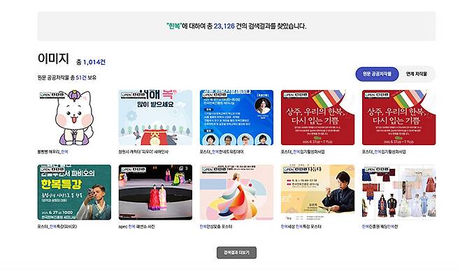 '한복' 키워드를 검색하면 사진, 디자인, 그림을 불문하고 다양한 한복 관련 공공저작물을 확인할 수 있다. 유형을 살펴서 활용하면 된다.