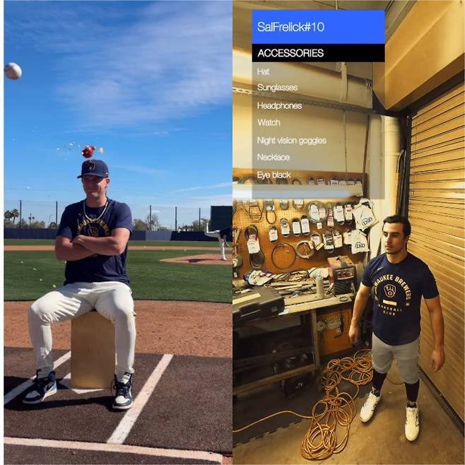 미시오로우스키가 마치 동료 머리 위 사과를 향해 공을 던지는 모습 같은 영상(왼쪽)과 게임 속 캐릭터가 된 살 프렐릭. 사진=밀워키 브루어스 소셜 SNS 캡처