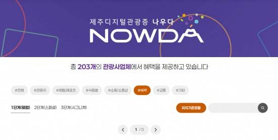 제주 디지털 관광증 ‘나우다(NOWDA)’ 서비스 화면. 관광지 중심 혜택이 안내돼 있으며 현재 숙박·교통 분야 제휴는 없는 상태다.