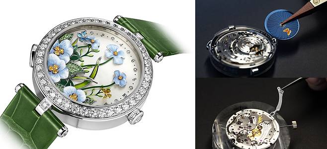 '레이디 아펠 브리즈 데떼' 워치와 조립 과정. 시곗바늘을 없앤 대신 다이얼 위를 회전하는 한 쌍의 나비가 시간을 알려준다. 8시 방향 버튼을 누르면 실제로 움직이는 식물 줄기를 통해 여름 바람을 표현한 점에서 브랜드의 서정성이 느껴진다. 사진 반클리프 아펠