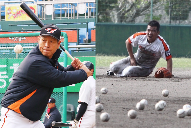 김성근 감독은 ‘지옥 훈련’으로도 유명하다. 그는 예나 지금이나 지치지 않고 직접 선수들에게 펑고를 쳐준다.  오른쪽 사진은 한화 이글스 시절 정근우 선수가 김성근 감독의 펑고를 받다가 쓰러져 있는 모습. / 경향신문 자료사진