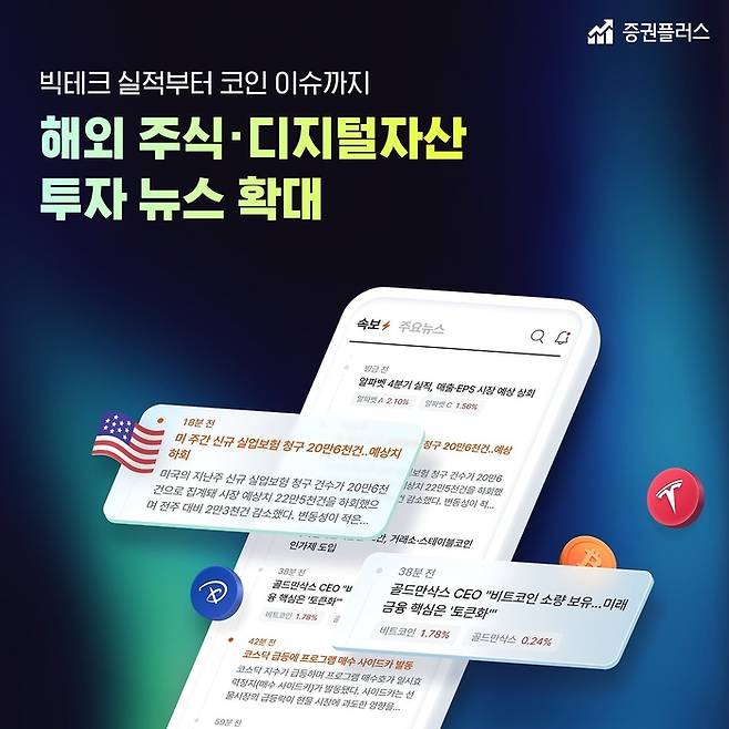 두나무가 운영하는 투자 정보 플랫폼 ‘증권플러스’가 해외 주식 및 디지털자산 투자 정보 제공 서비스를 대폭 확대했다. [사진 제공 = 두나무]