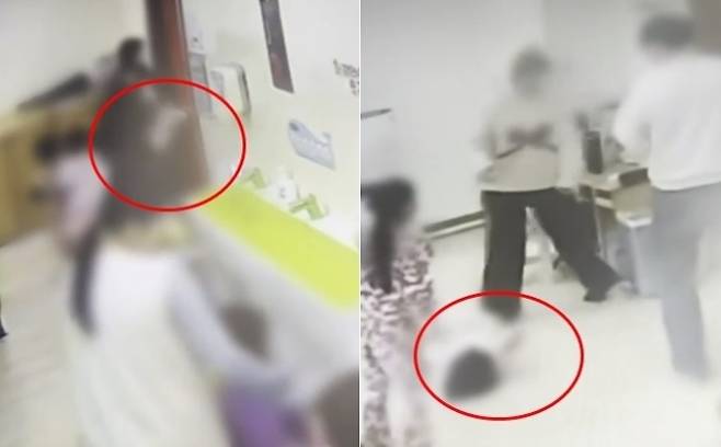 국회 어린이집의 한 교사가 2세 아이의 양팔을 잡고 내팽개쳐 아이가 옆방으로 날아가 쓰러져 있다. 채널A 캡처