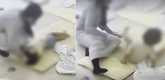 국회 어린이집의 한 교사가 2세 아이의 머리채를 잡고 일으킨 뒤 밀치는 모습이 포착됐다. 채널A 캡처