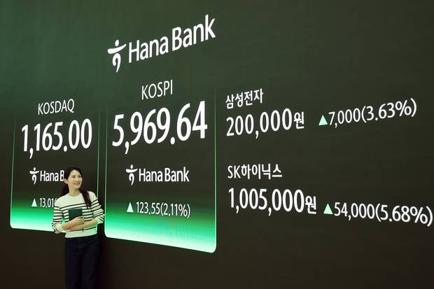 24일 코스피 지수가 5969.64로 마감했다. 딜링룸에서 직원이 업무를 보고 있다. 연합뉴스