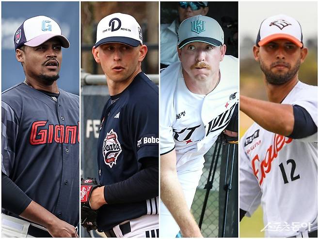 이번 스프링캠프서는 롯데 엘빈 로드리게스, 두산 크리스 플렉센, KT 맷 사우어, 한화 윌켈 에르난데스(왼쪽부터) 등 구위형 외국인 투수의 활약이 이어지고 있다. 사진제공|롯데 자이언츠·두산 베어스·KT 위즈·한화 이글스