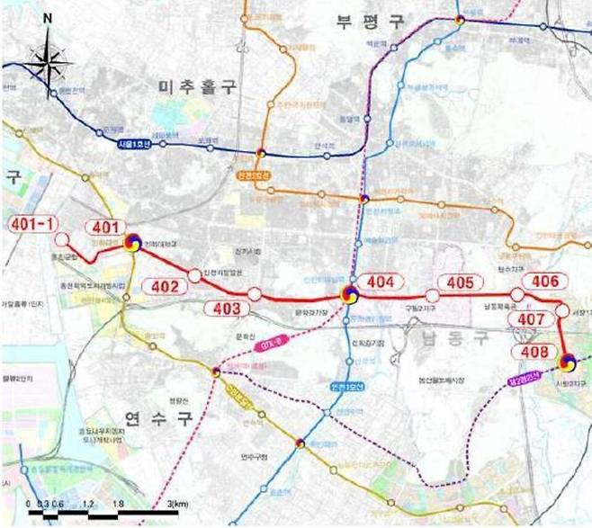 ▲ 인천 용현서창선 노선(빨간색 표시) 지도. /제공=인천시