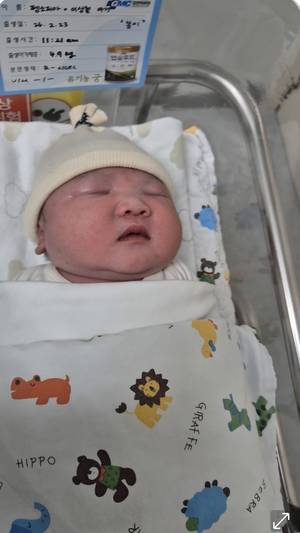 ▲ 지난 23일 태어난 이상철·펭소피아 부부의 둘째 남아가 병원 신생아실에서 곤히 잠들어 있다. 금수강산면 영천리에 2년 만에 다시 울린 아기 울음소리가 마을에 새로운 희망을 전하고 있다. 금수강산면