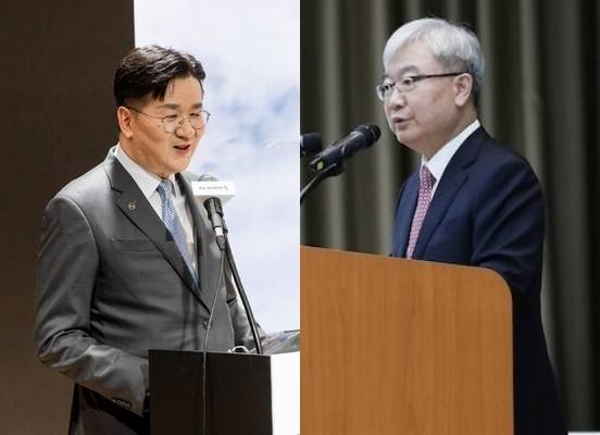 (사진 왼쪽부터) 조원태 한진칼 회장과 김석동 의사회 의장 [출처=한진칼·예금보험공사]