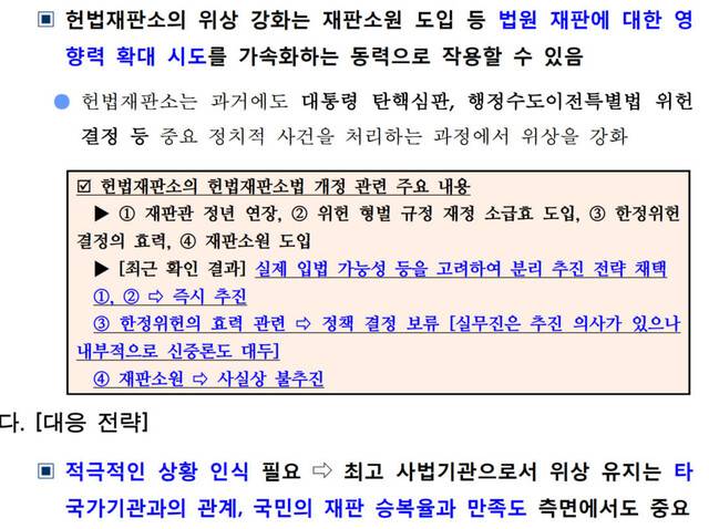 양승태 전 대법원장 시절 작성된 ‘2014년 사법부 주변 환경의 현황과 전망’ 대외비 문건 내용 갈무리