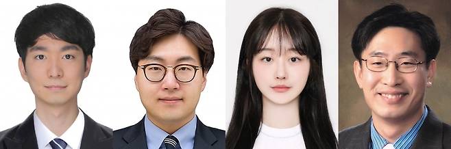 연구진 사진. 고려대 배터리-스마트팩토리학과 이두봉 박사과정(제1저자), 가천대 화공생명배터리공학부 박진우 교수(제1저자), 가천대 화공생명공학과 김은지 학부연구생(참여저자), 고려대 신소재공학부 김웅 교수(교신저자)(사진 좌측부터). 가천대학교 제공.