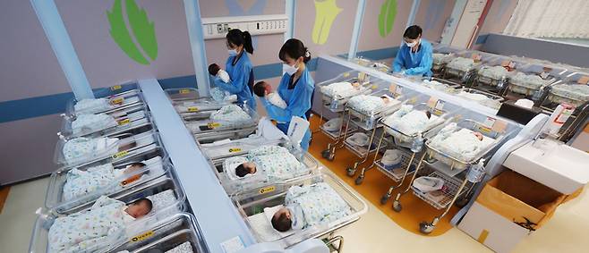 지난해 1월부터 11월까지 태어난 신생아 수가 23만명을 웃돌아 18년 만에 가장 높은 증가율을 기록한 가운데 25일 경기 고양시 CHA의과학대학교 일산차병원 신생아실에서 간호사가 신생아들을 돌보고 있다. 2026.02.25 [이승환 기자]