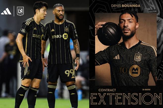 (왼쪽부터) 미국 메이저리그사커(MLS) LA FC의 손흥민과 드니 부앙가, 2028년까지 계약 연장을 발표한 부앙가. /사진=LA FC 공식 인스타그램 캡처