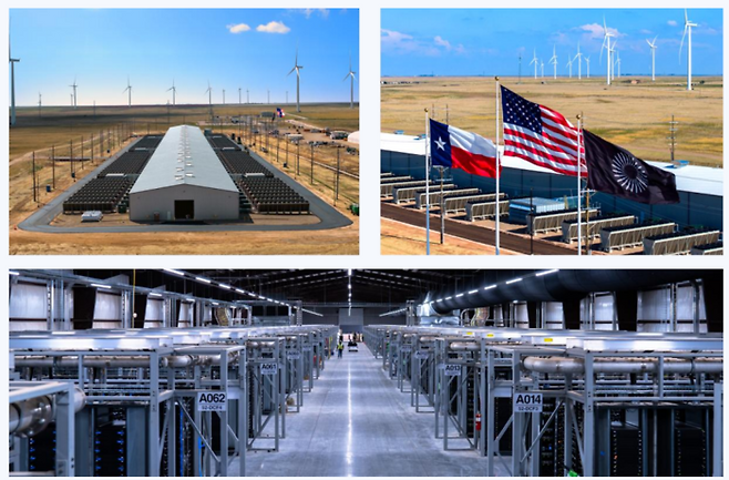 아메리칸 비트코인(ABTC)의 대규모 채굴장 전경 및 내부 서버 모습. 미국 텍사스주의 풍력 등 저렴한 에너지를 기반으로 대규모 인프라를 가동 중이나, 비트코인 단일 의존도 탓에 최근 수익성 악화를 겪고 있다. [출처=ABTC]