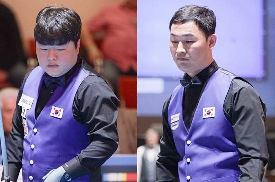 독일 비어슨에서 열리고 있는 제38회 세계3쿠션팀선수권에 출전중인 한국당구대표팀이 예선 첫날 1무1패(승1)를 기록, 예선탈락 위기에 몰렸다. (왼쪽부터) 조명우와 최완영. (사진=SOOP)