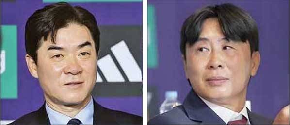 프로축구 K리그1 인천 유나이티드 윤정환(왼쪽) 감독과 FC서울 김기동 감독이 지난 25일 서울 서대문구 스위스그랜드호텔에서 열린 ‘K리그1 2026 개막 미디어데이’에서 개막전 필승 의지를 다지고 있다. 두 팀은 28일 인천축구전용경기장에서 열리는 2026시즌 개막전을 통해 맞붙는다. 연합뉴스