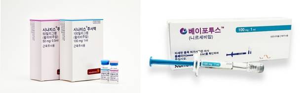 RSV 예방주사 ‘시나지스’(왼쪽)와 ‘베이포투스’ 제품 사진. 사진 제공=한국아스트라제네카·사노피