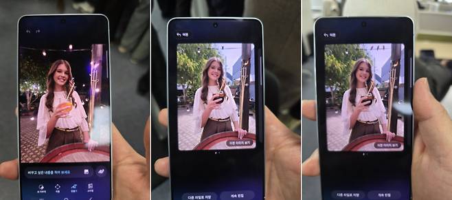 갤럭시S26 울트라에서 AI로 사진을 편집한 장면. 왼쪽부터 원본, 대낮에 음료는 콜라로 변경, 전깃줄에 참새 3마리 추가한 모습.[사진=장민제 기자]