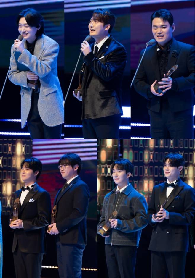 대한민국예술상을 수상한 미스터트롯 톱 7. 맨위 왼쪽부터 시계방향으로 김용빈 손빈아 천록담 최재명 남승민 춘길 추혁진/-유선수엔터테인먼트