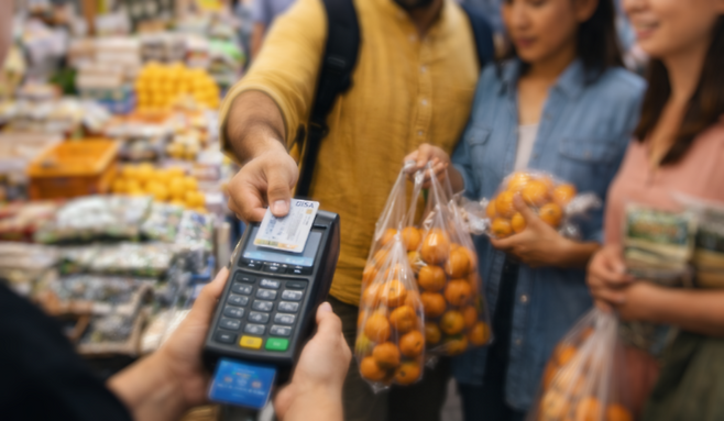 전통시장에서 외국인 관광객이 카드 결제를 하고 있는 모습. 단체 중심 면세 소비에서 벗어나 생활권 상권으로 소비 흐름이 이동하면서 체류·개별여행 기반의 지역 소비 구조가 중요해지고 있다.