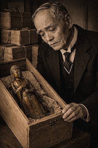 ▲ 대구 저택에서 유물들을 정리하며 슬퍼하는 오구라 다케노스케의 이미지. ⓒ ChatGPT로 필자 작성.